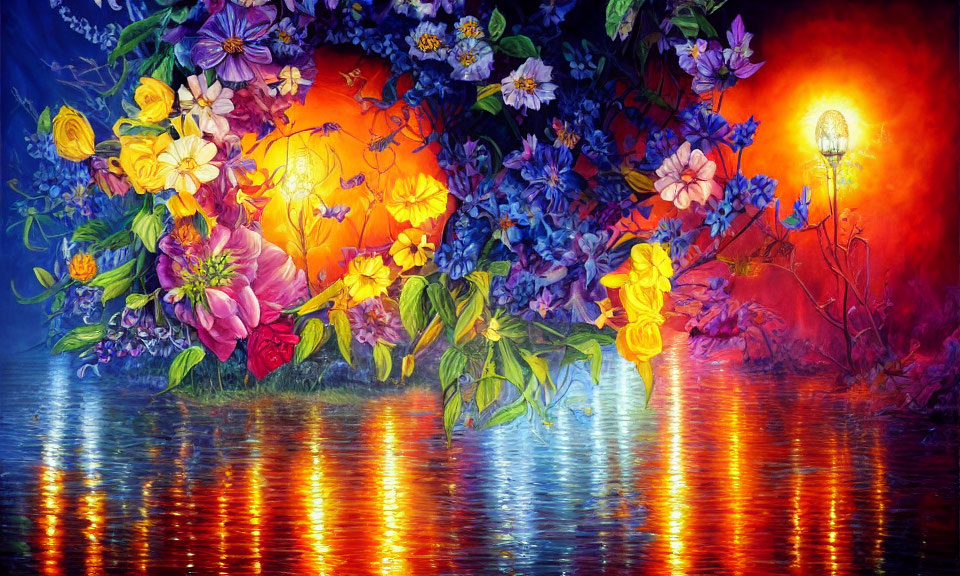 Colorful floral painting above reflective water with warm light.