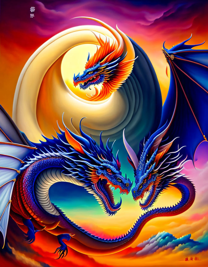 Colorful artwork: Two dragons in blue and red, intertwined with swirling warm hues and dynamic shapes.