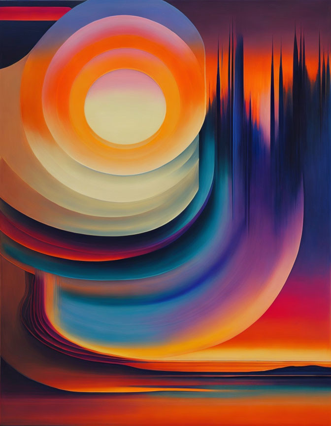 Warm Color Gradient Abstract Painting with Concentric Shapes and Vertical Spikes