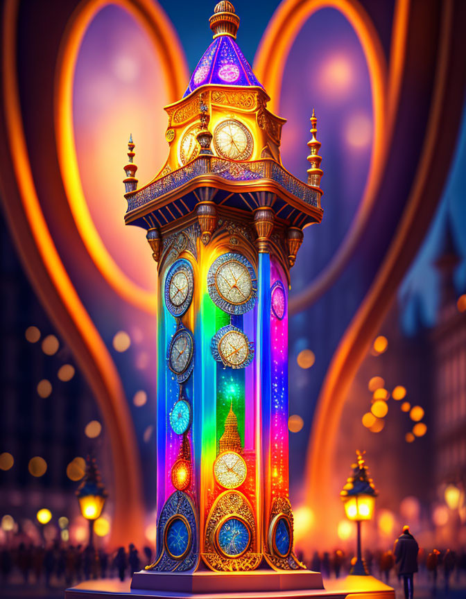 Colorful Clock Tower in Dusk-lit Cityscape with Glowing Rings