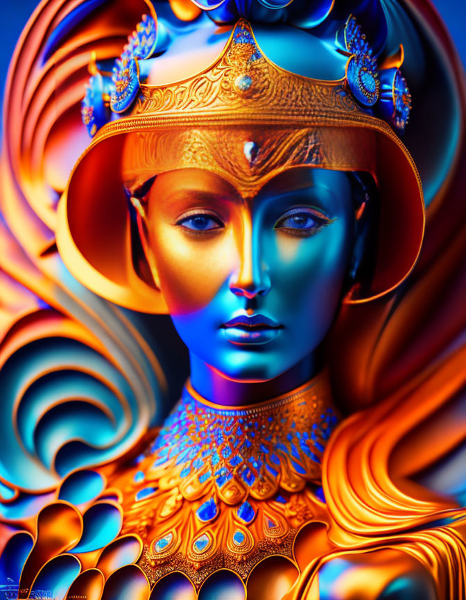 Vibrant Artistic Image of Stylized Figure in Gold Armor on Blue and Orange Background