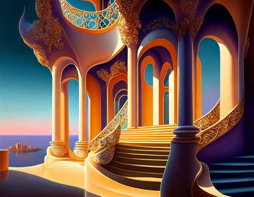 Surreal artwork: Ornate pillars, grand staircase, tranquil ocean at sunset