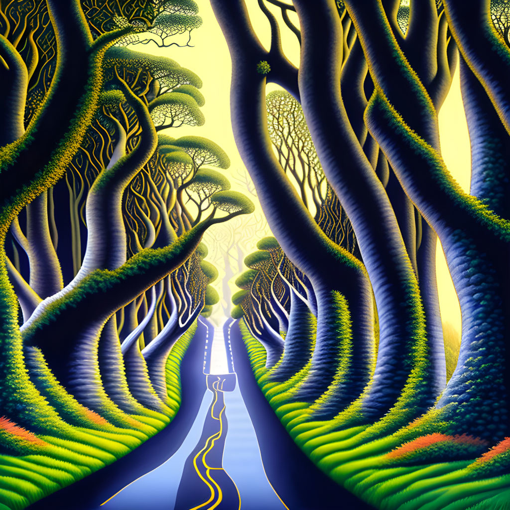 Colorful fantasy landscape with winding road and towering tree-like structures