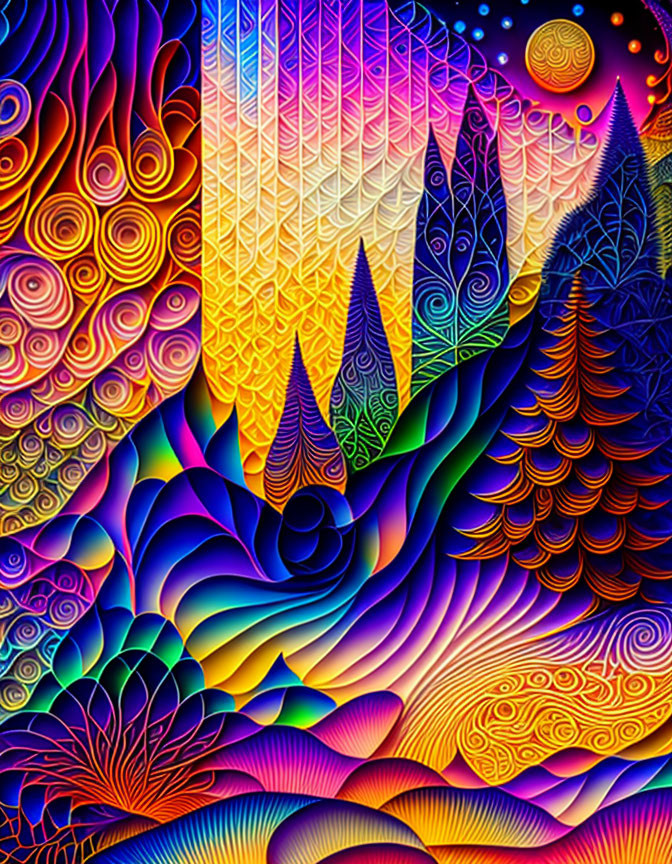 Colorful Psychedelic Landscape with Moon and Pine Trees in Swirling Patterns