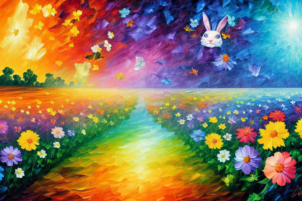 Colorful Whimsical Landscape Painting with Flower Field, Rabbit, and Starry Sky