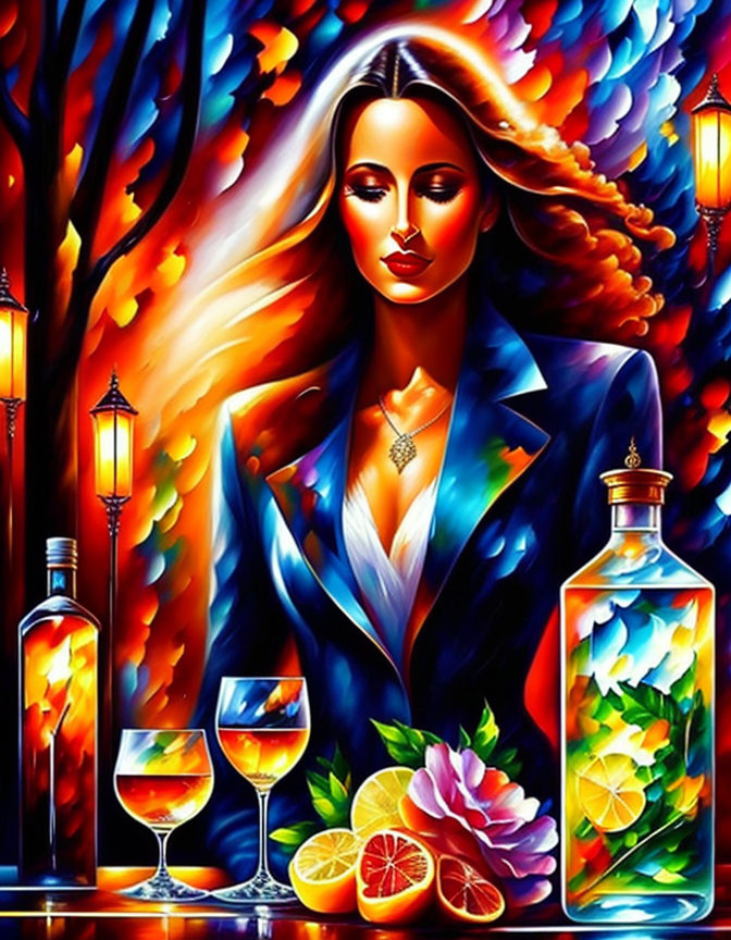 Colorful painting: Woman in blue suit with trees, lamps, and fruits.