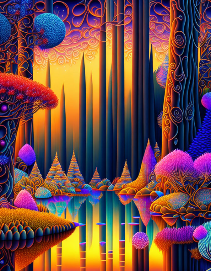 Colorful Psychedelic Forest Reflection in Sunset Scene