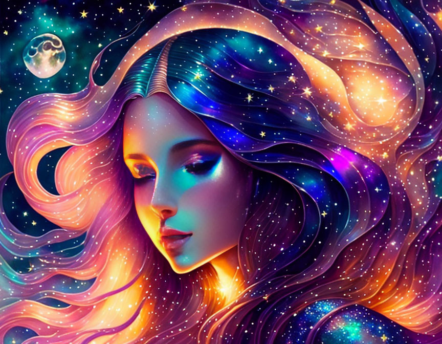 Woman with Flowing Hair Blending into Cosmic Backdrop