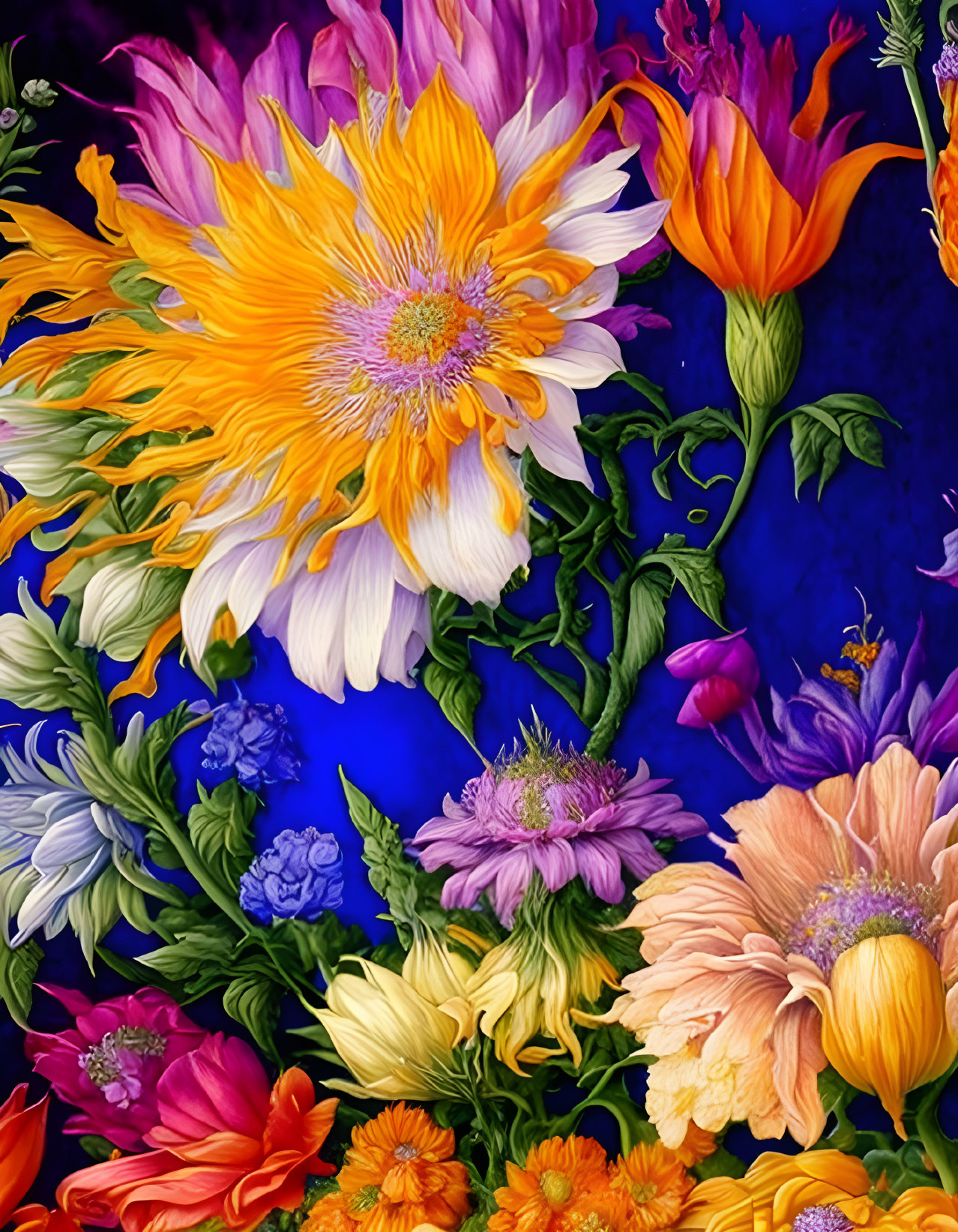 Colorful Floral Painting Featuring Large Yellow and White Flower