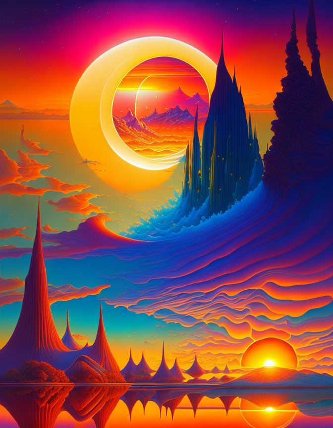 Surreal digital artwork: vibrant landscape with peaks, waves, reflective water, celestial bodies