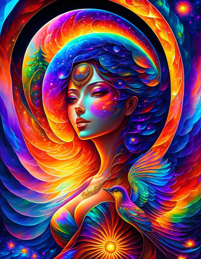 Colorful Cosmic Digital Artwork of Mystical Woman with Bird and Moon