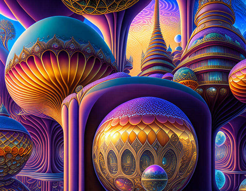 Vibrant digital artwork: fantasy landscape with mushroom structures