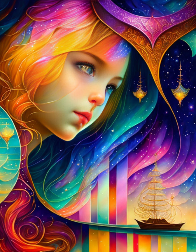 Colorful-haired girl in cosmic scene with ship and stars.