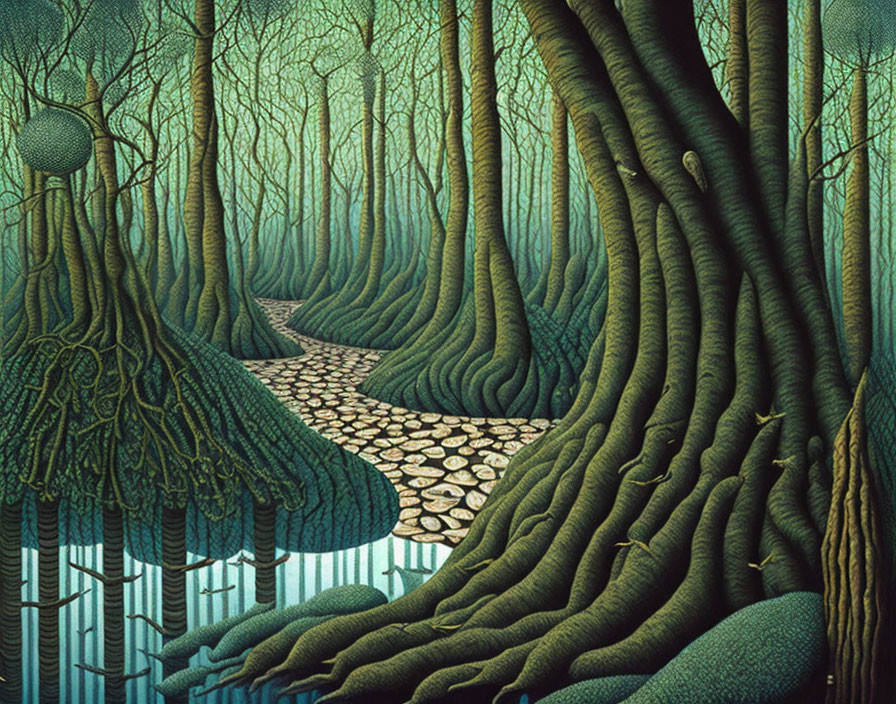 Surreal forest scene with intertwined tree roots and misty pathway