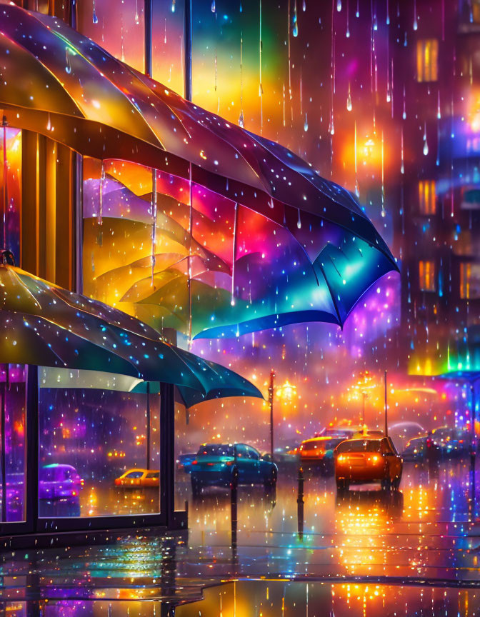 Vibrant umbrellas over wet city street in the dark