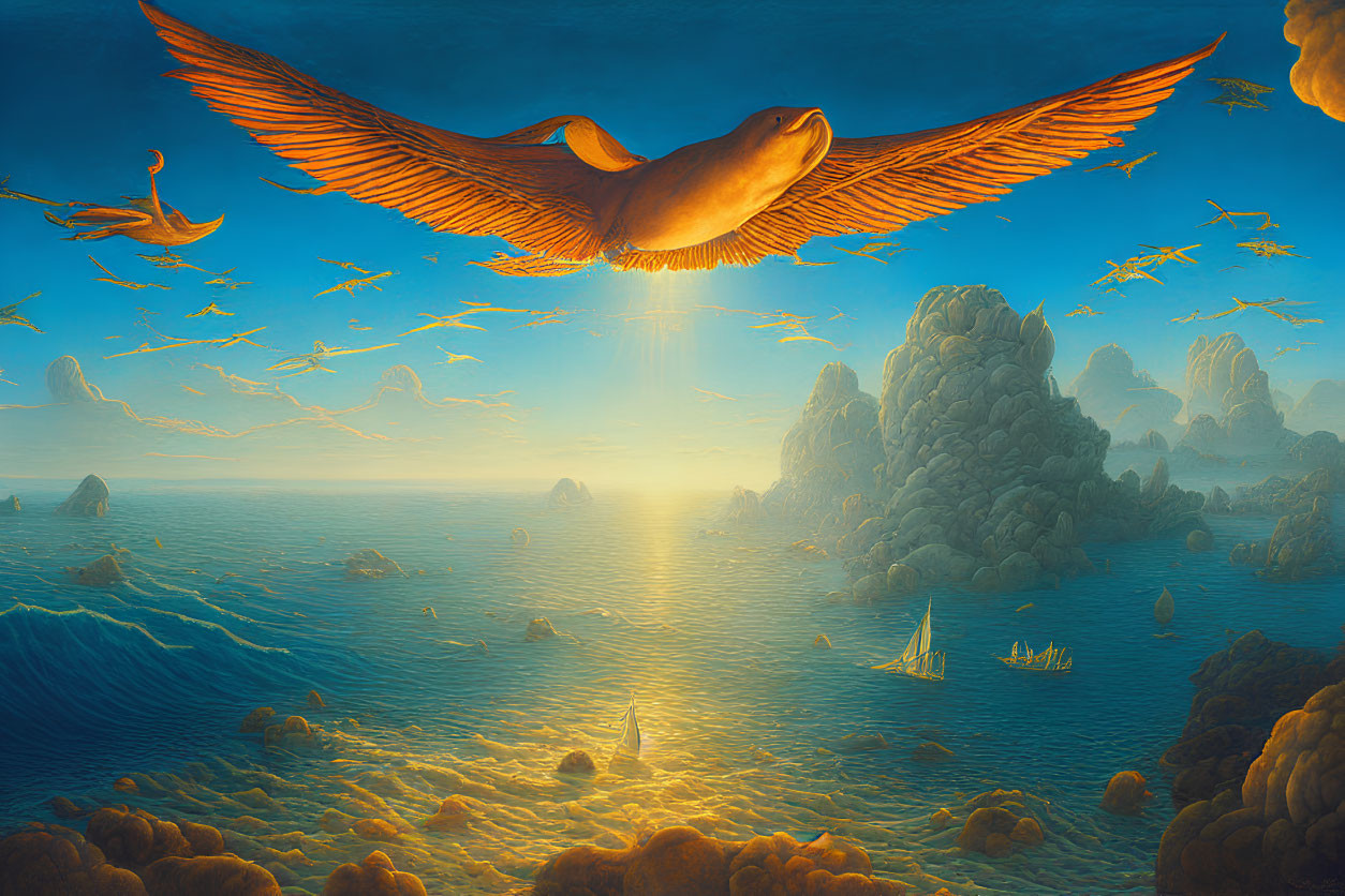 Giant bird flying over surreal ocean landscape with sunset