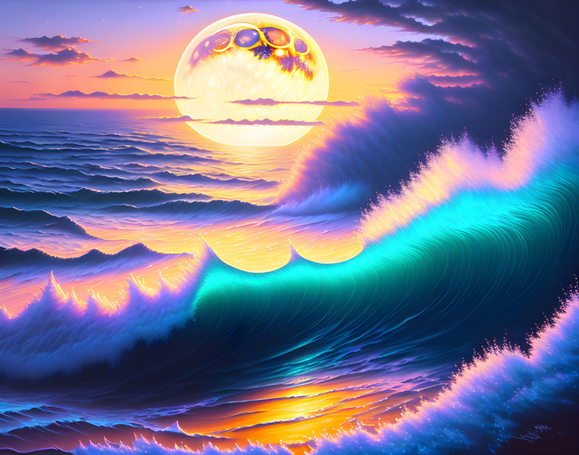 Surreal ocean scene with neon waves and moonlit sky