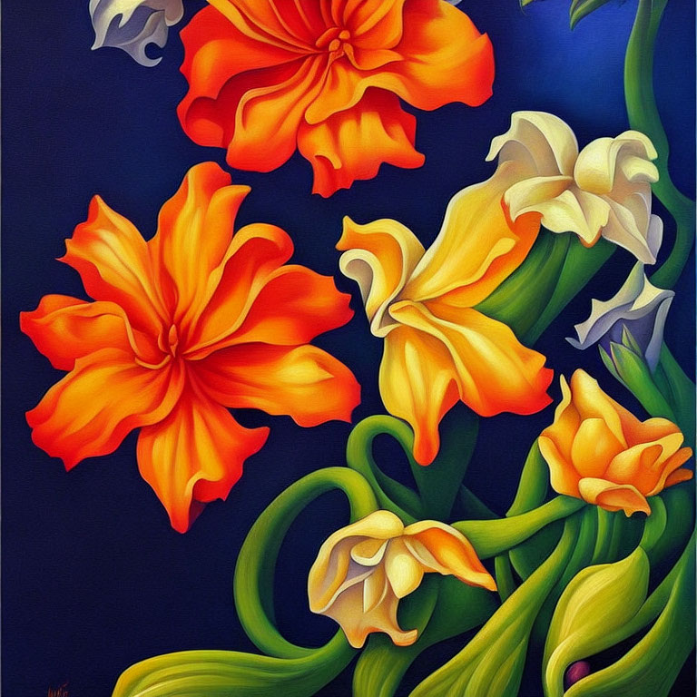 Colorful Floral Painting: Orange and Yellow Flowers on Blue Background