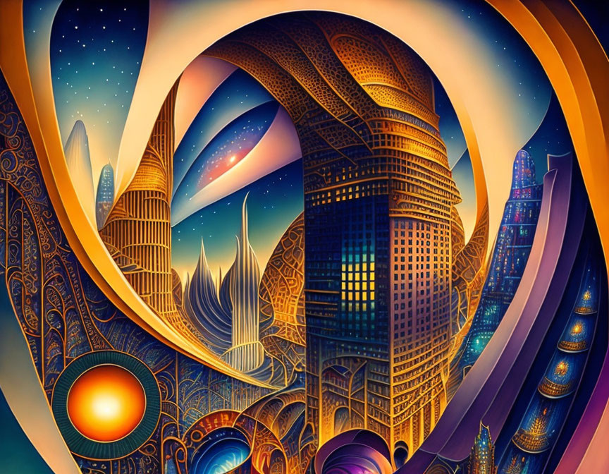 Vibrant surreal cityscape with golden structures and starry sky