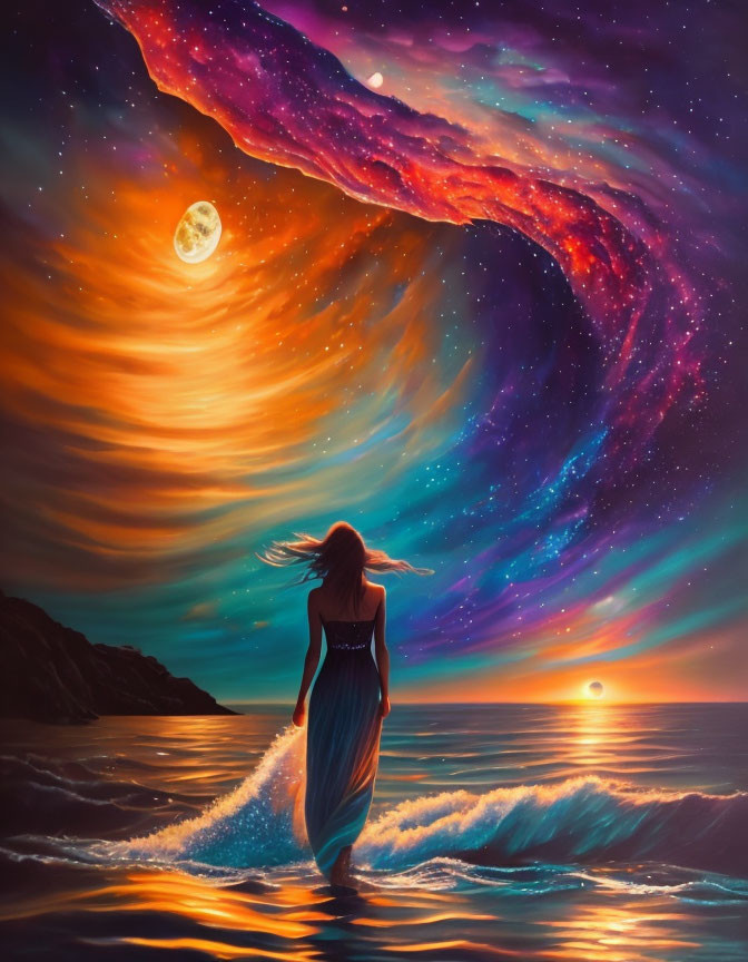 Woman in blue dress walking by surreal shore with moon, sun, and cosmic sky.