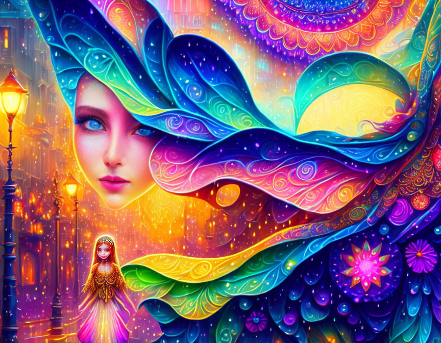 Colorful Digital Artwork of Whimsical Female Figure with Flowing Hair