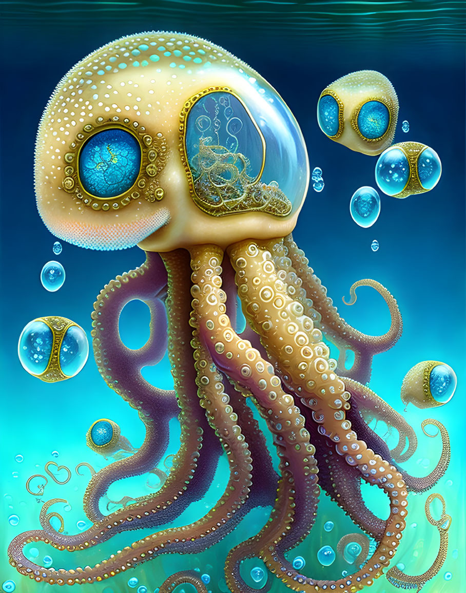 Colorful digital artwork: Whimsical octopus with intricate head design in underwater scene