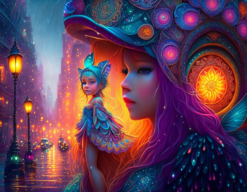 Colorful fantasy art: Woman with purple hair, intricate headdress, and fairy in neon-lit