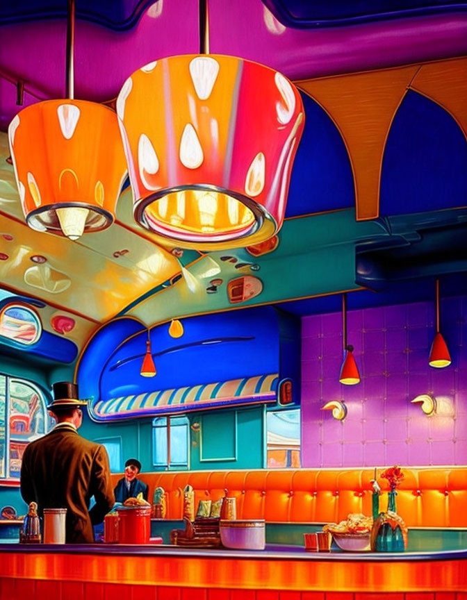 Vibrant retro diner interior with colorful lighting and man at counter