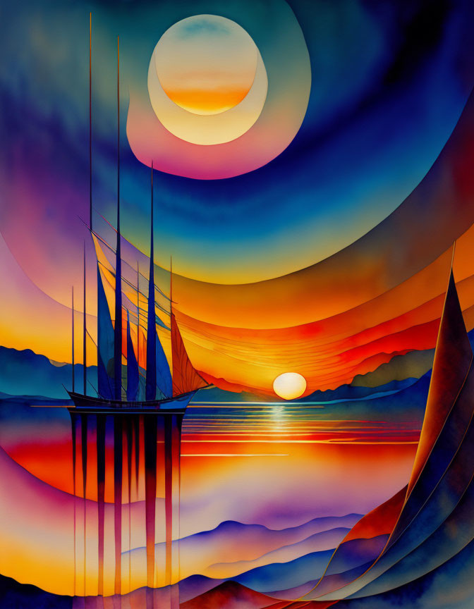 Colorful Stylized Artwork of Tall Ship on Calm Sea at Sunset