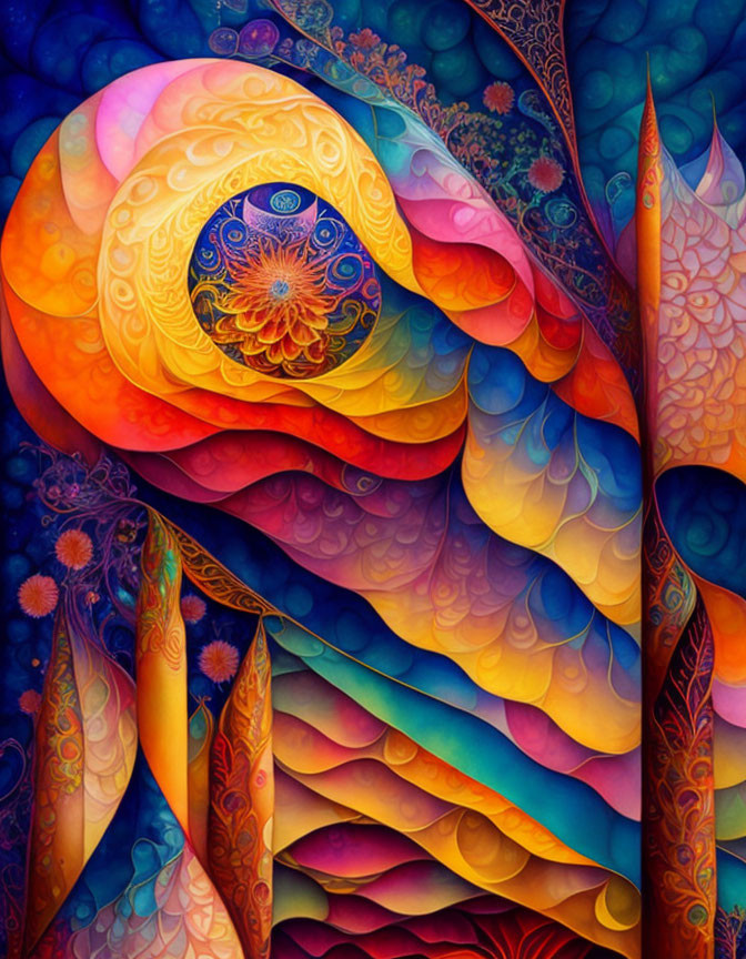 Colorful Abstract Artwork with Swirling Patterns in Blues, Oranges, and Yellows