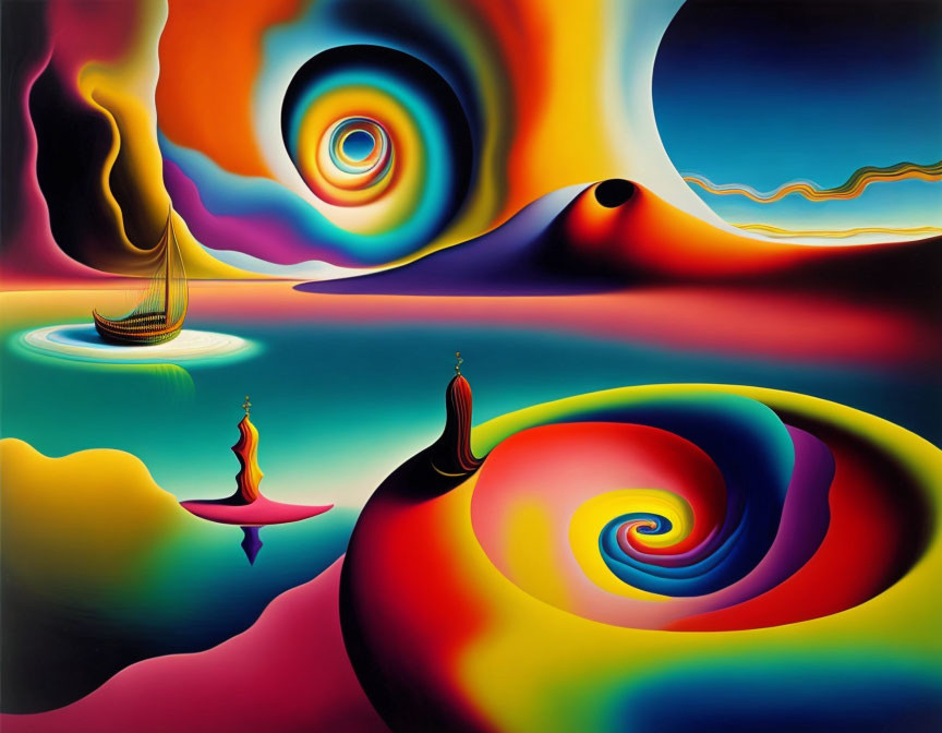 Colorful surreal landscape with swirling patterns and dreamlike elements