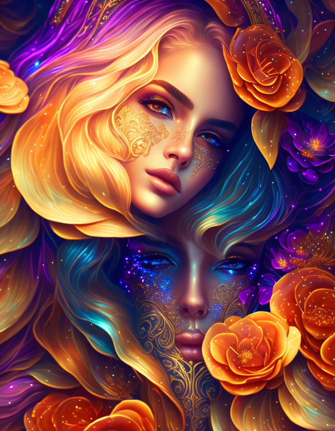 Digital artwork: Two female faces with flowing hair, colorful flowers, cosmic glitter