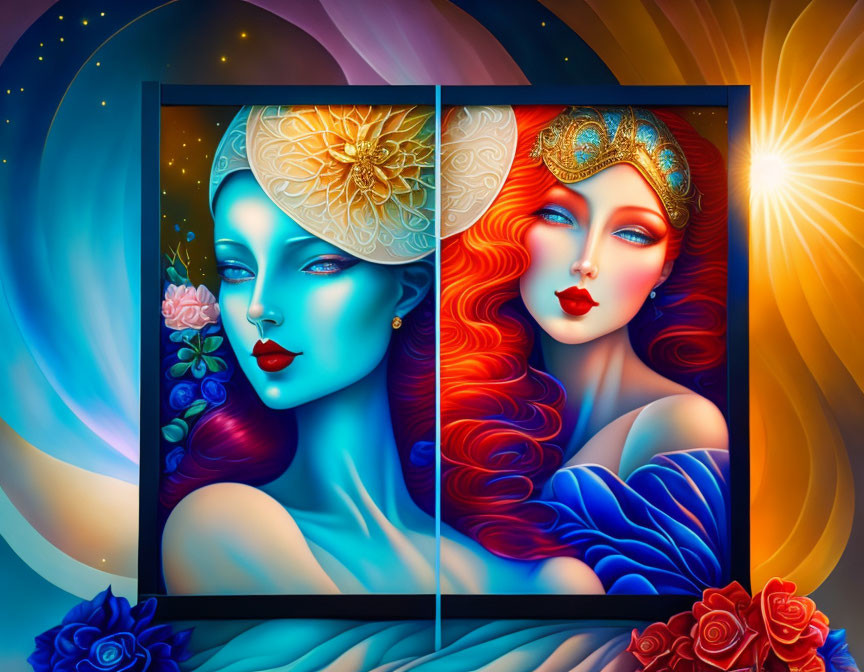 Stylized women with gold headpieces in celestial-themed artwork