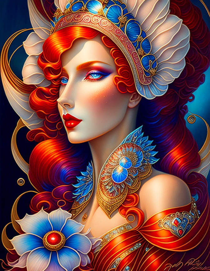 Stylized woman with red hair, blue headdress, red & gold attire, blue flower