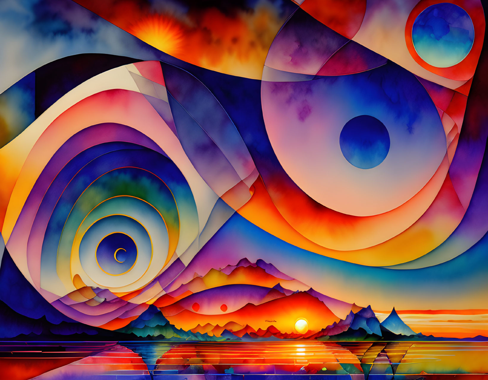 Abstract Sunset Over Water with Swirling Patterns and Geometric Shapes