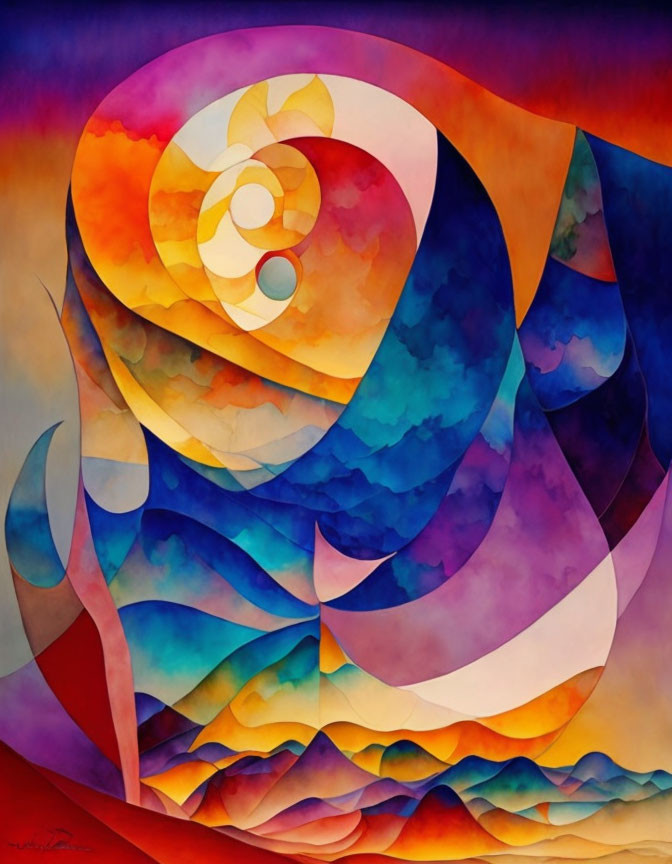 Vibrant Swirl Pattern Painting in Warm to Cool Tones