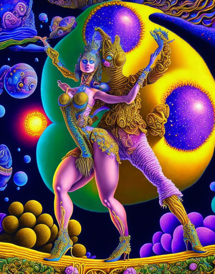 Fantastical female figure in blue and gold armor against cosmic backdrop