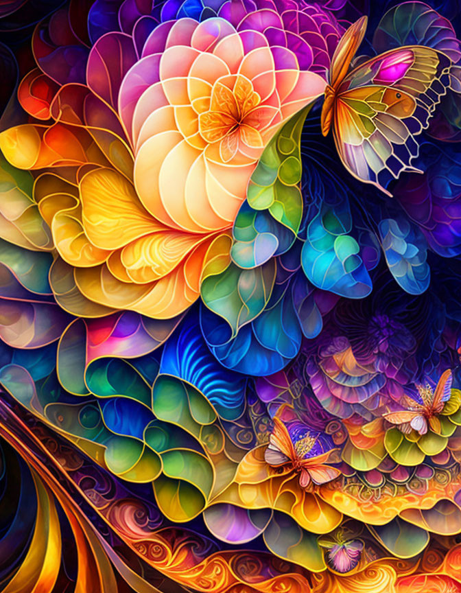 Colorful digital artwork: stylized flowers & intricate butterflies