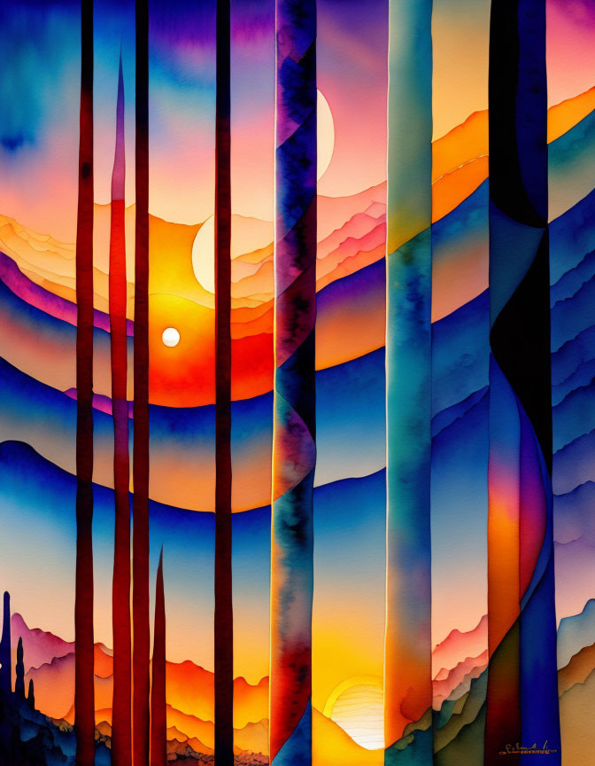 Abstract watercolor painting: Vertical stripes over desert sunset with warm hues, sun, moon, and c