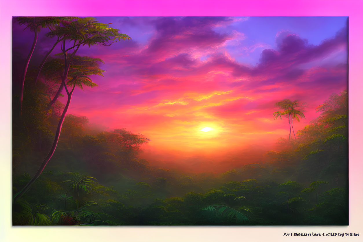 Colorful jungle sunset digital art with lush greenery