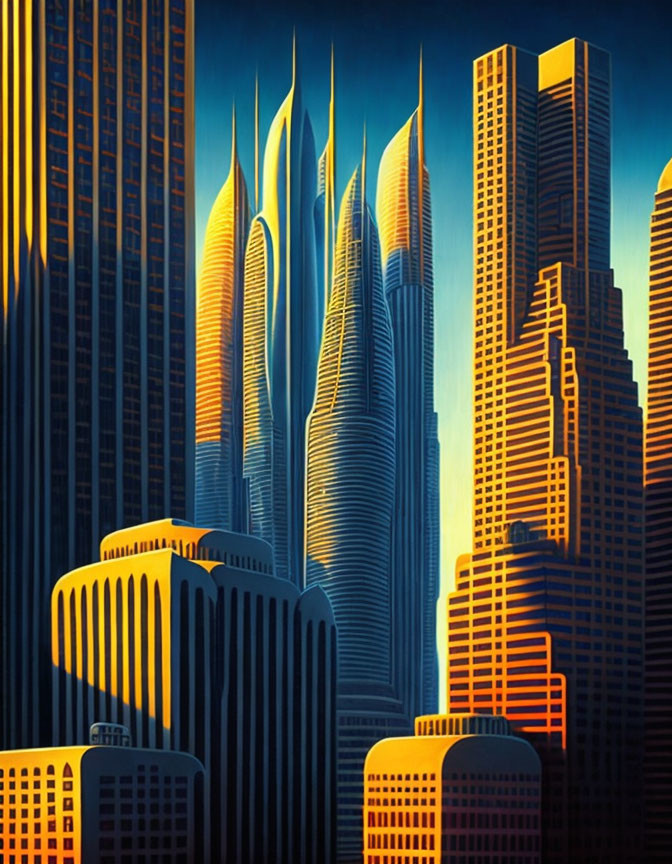 Futuristic cityscape with warm light and contrasting architecture