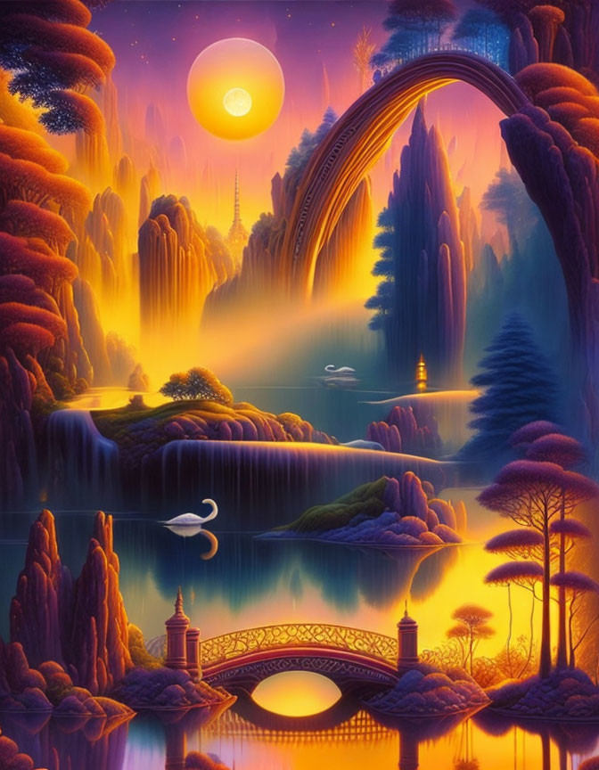 Fantasy landscape with waterfalls, swan, bridges, glowing sky, moon