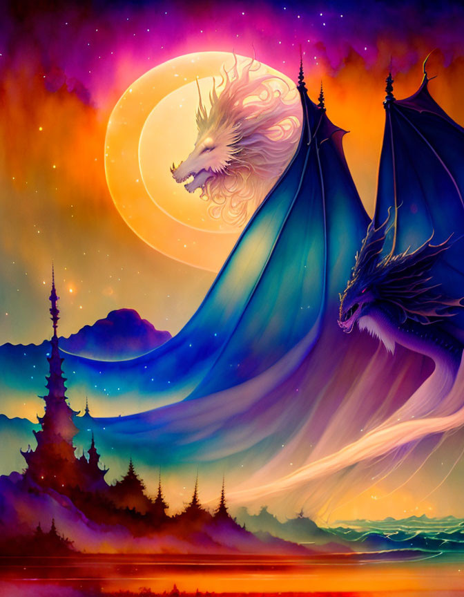 Majestic dragon with expansive wings under vibrant sky and glowing moon, with wolf silhouette.