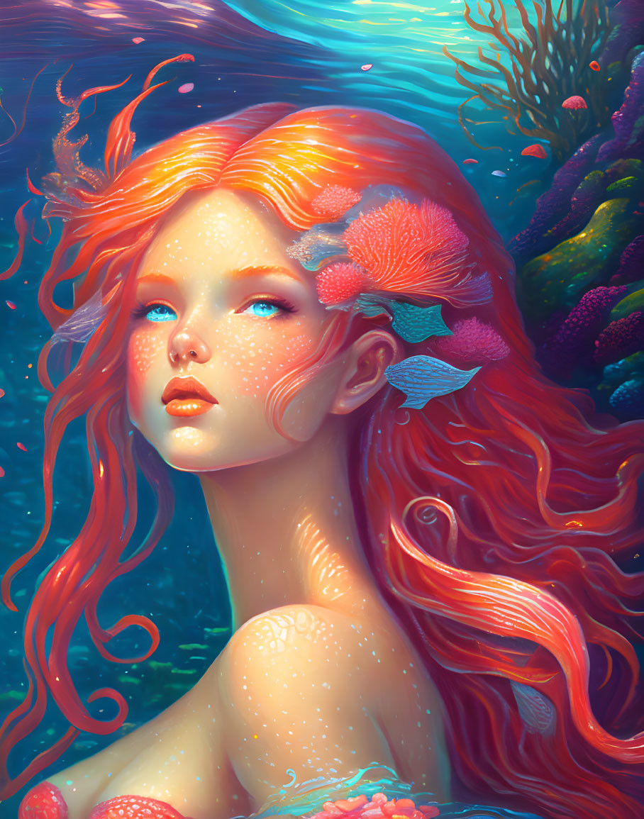 Mermaid with Red Hair and Coral Embellishments in Marine Setting