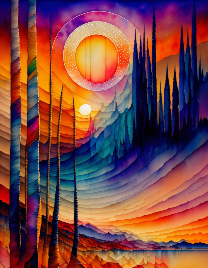 Colorful watercolor painting of sun, moon, hills, and trees