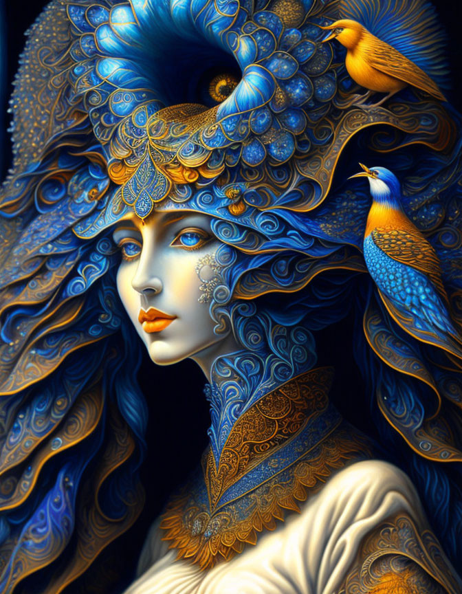 Detailed illustration of woman with blue feathered hair and gold accents, birds in plumage