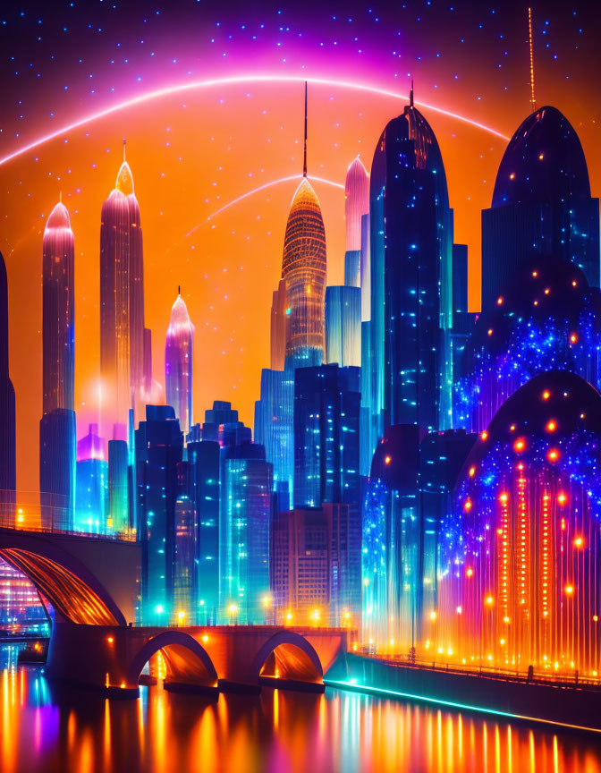 Futuristic night cityscape with neon lights & skyscrapers