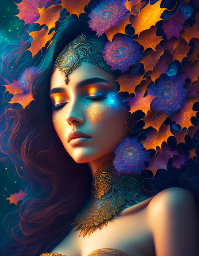 Ethereal woman portrait with ornate jewelry in cosmic setting