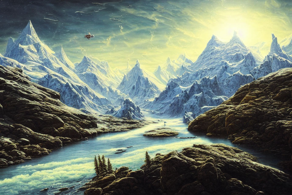 Snowy Peaks and River in Mountain Landscape with Flying Craft