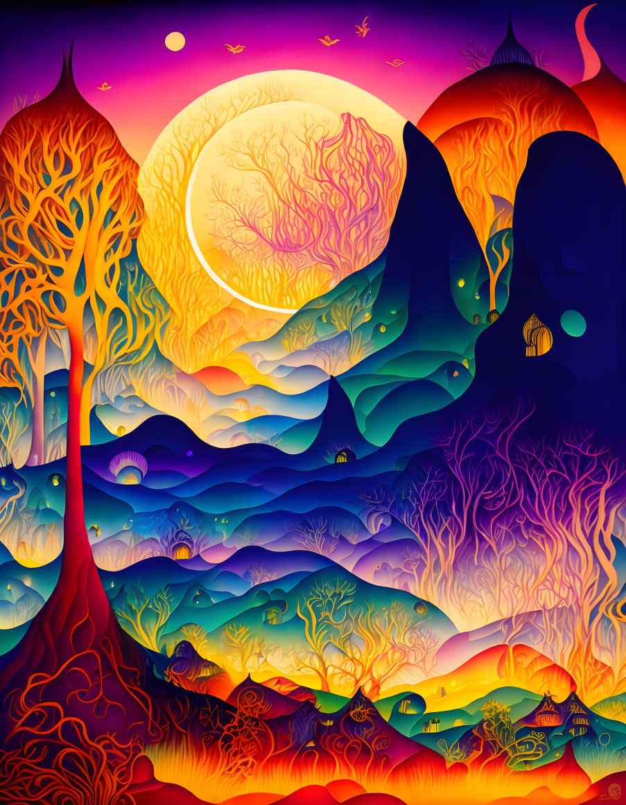 Colorful Trees and Large Moon in Surreal Landscape